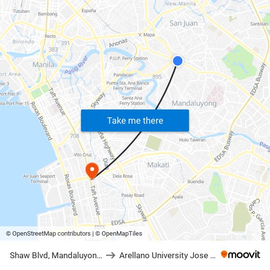Shaw Blvd, Mandaluyong City, Manila to Arellano University Jose Abad Campus map
