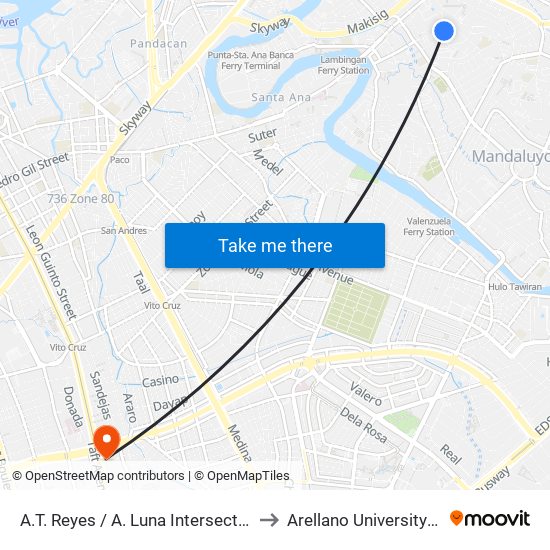 A.T. Reyes / A. Luna Intersection, Mandaluyong City, Manila to Arellano University Jose Abad Campus map