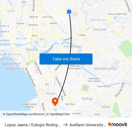 Lopez Jaena / Eulogio Rodriguez Sr Ave Intersection, Manila to Arellano University Jose Abad Campus map