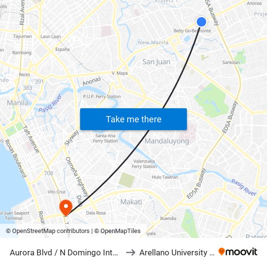 Aurora Blvd / N Domingo Intersection, Quezon City, Manila to Arellano University Jose Abad Campus map