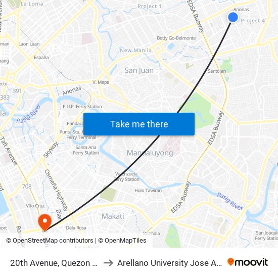 20th Avenue, Quezon City, Manila to Arellano University Jose Abad Campus map