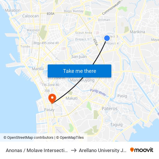 Anonas / Molave Intersection, Quezon City, Manila to Arellano University Jose Abad Campus map