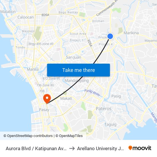 Aurora Blvd / Katipunan Ave, Quezon City, Manila to Arellano University Jose Abad Campus map