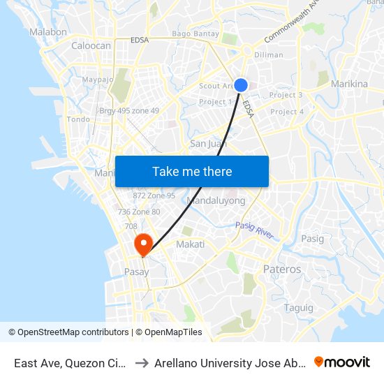 East Ave, Quezon City, Manila to Arellano University Jose Abad Campus map