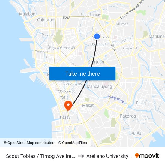Scout Tobias / Timog Ave Intersection, Quezon City, Manila to Arellano University Jose Abad Campus map