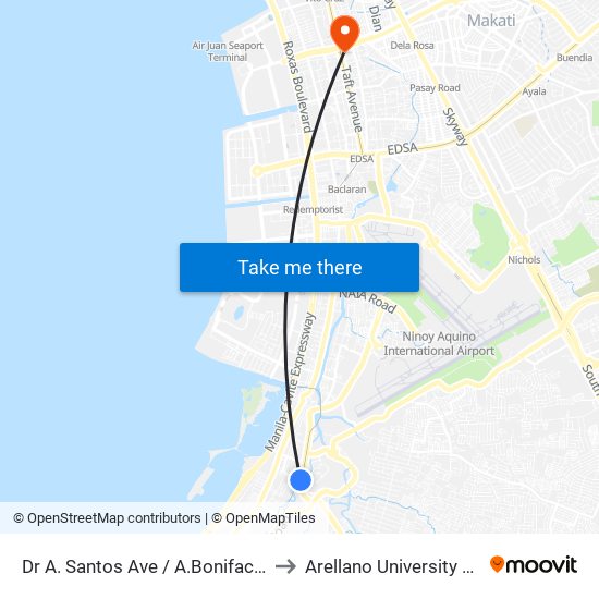 Dr A. Santos Ave / A.Bonifacio, Parañaque City, Manila to Arellano University Jose Abad Campus map