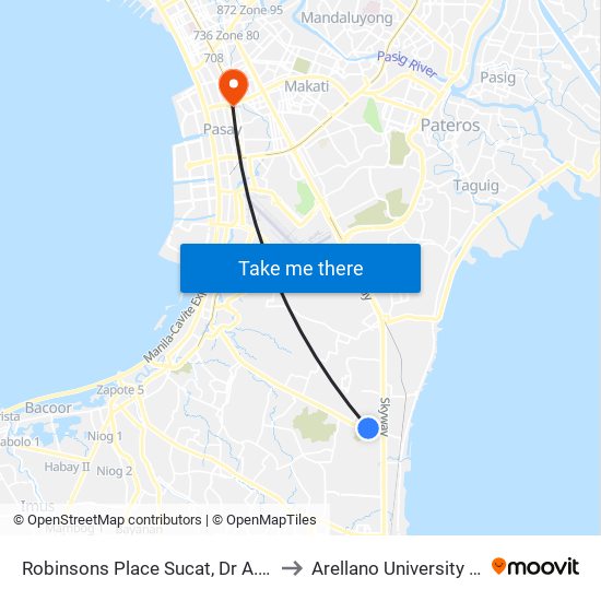 Robinsons Place Sucat, Dr A. Santos Ave, Parañaque City to Arellano University Jose Abad Campus map
