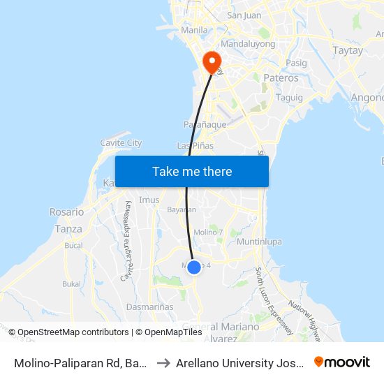 Molino-Paliparan Rd, Bacoor City, Manila to Arellano University Jose Abad Campus map