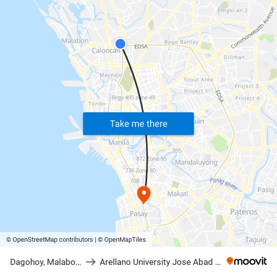 Dagohoy, Malabon City to Arellano University Jose Abad Campus map
