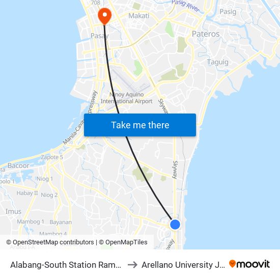 Alabang-South Station Ramp, Muntinlupa City, Manila to Arellano University Jose Abad Campus map