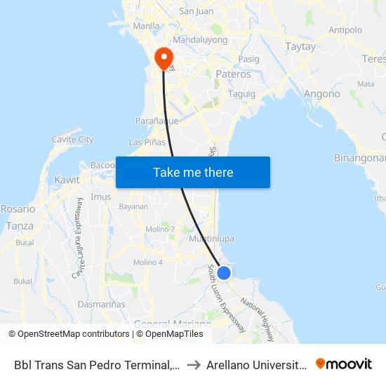 Bbl Trans San Pedro Terminal, National Hwy, San Pedro, Manila to Arellano University Jose Abad Campus map
