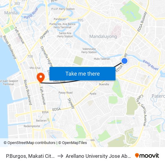 P.Burgos, Makati City, Manila to Arellano University Jose Abad Campus map