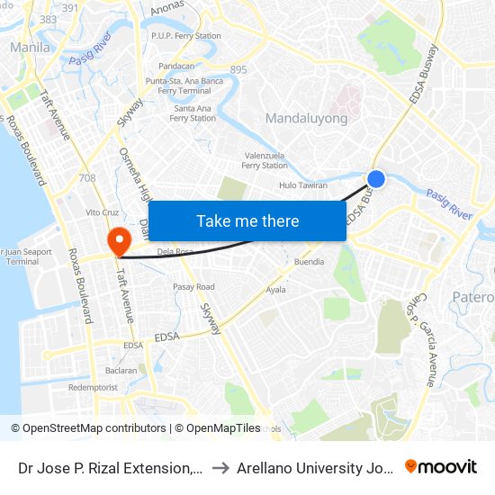 Dr Jose P. Rizal Extension, Makati City, Manila to Arellano University Jose Abad Campus map