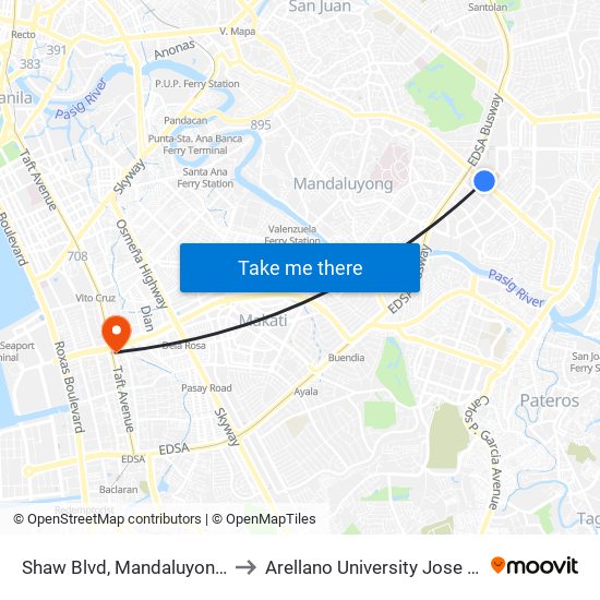 Shaw Blvd, Mandaluyong City, Manila to Arellano University Jose Abad Campus map