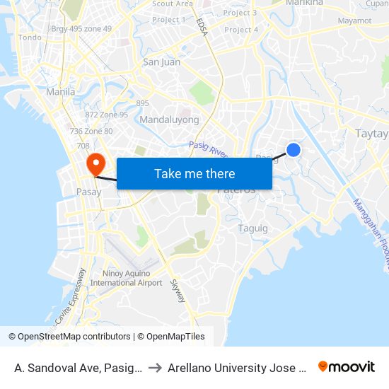 A. Sandoval Ave, Pasig City, Manila to Arellano University Jose Abad Campus map