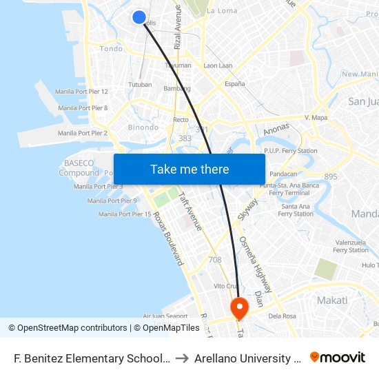 F. Benitez Elementary School, Juan Luma, Caloocan City to Arellano University Jose Abad Campus map