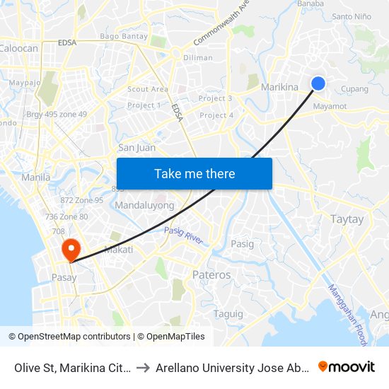 Olive St, Marikina City, Manila to Arellano University Jose Abad Campus map