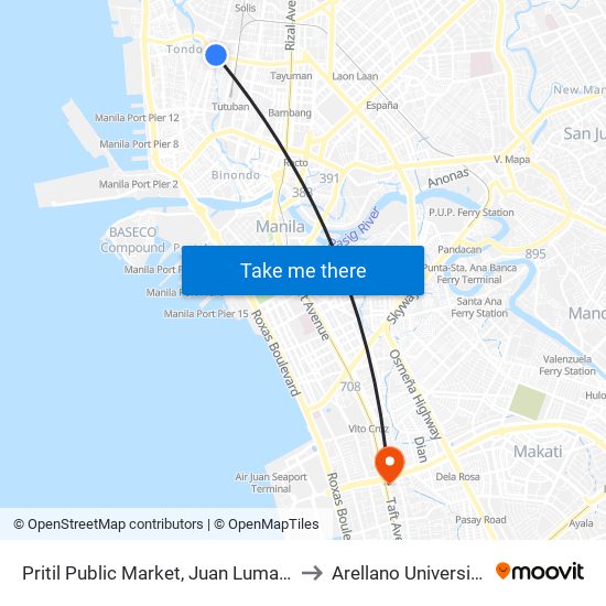 Pritil Public Market, Juan Luma / Tayuman Road Intersection, Manila to Arellano University Jose Abad Campus map