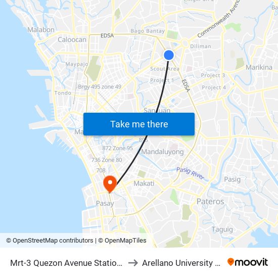 Mrt-3 Quezon Avenue Station Edsa,Quezon City, Manila to Arellano University Jose Abad Campus map