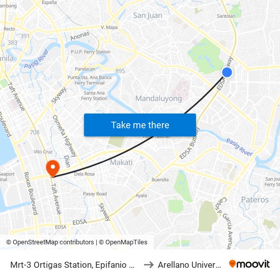 Mrt-3 Ortigas Station, Epifanio De Los Santos Av, Mandaluyong City, Manila to Arellano University Jose Abad Campus map