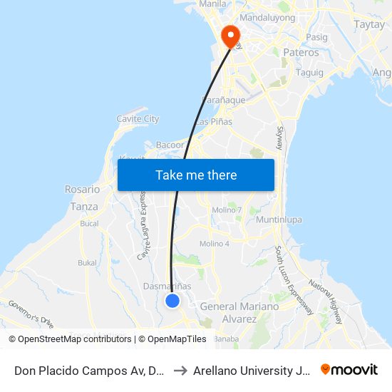 Don Placido Campos Av, Dasmariñas City, Manila to Arellano University Jose Abad Campus map