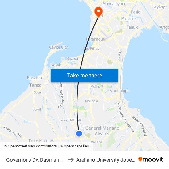 Governor's Dv, Dasmariñas City, Manila to Arellano University Jose Abad Campus map