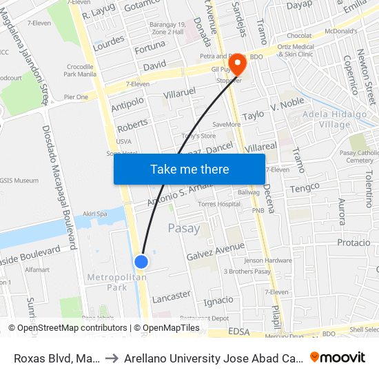 Roxas Blvd, Manila to Arellano University Jose Abad Campus map