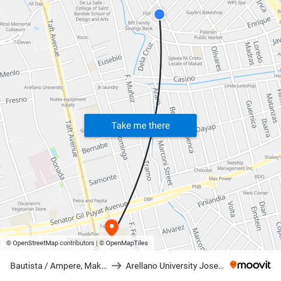 Bautista / Ampere, Makati City, Manila to Arellano University Jose Abad Campus map