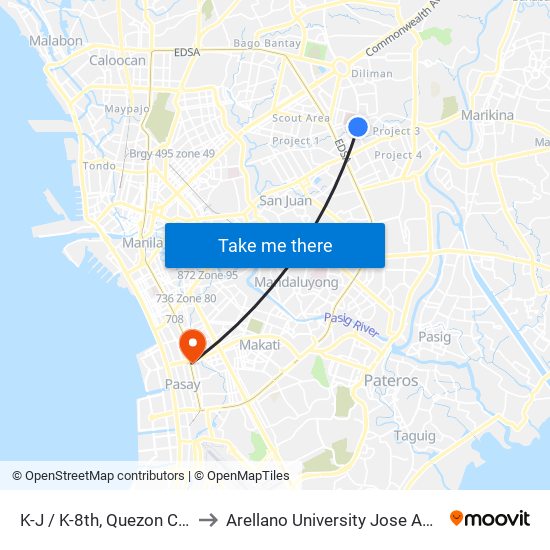 K-J / K-8th, Quezon City, Manila to Arellano University Jose Abad Campus map