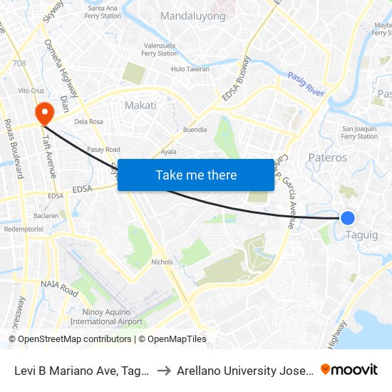 Levi B Mariano Ave, Taguig City, Manila to Arellano University Jose Abad Campus map