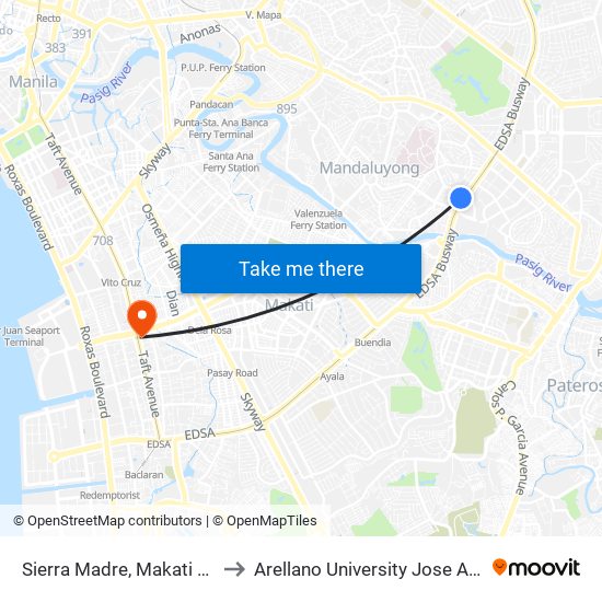 Sierra Madre, Makati City, Manila to Arellano University Jose Abad Campus map