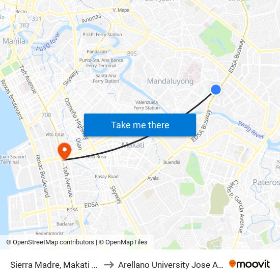 Sierra Madre, Makati City, Manila to Arellano University Jose Abad Campus map