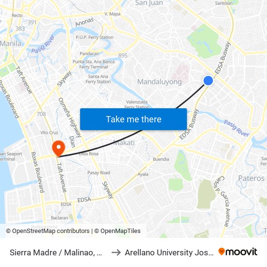 Sierra Madre / Malinao, Makati City, Manila to Arellano University Jose Abad Campus map