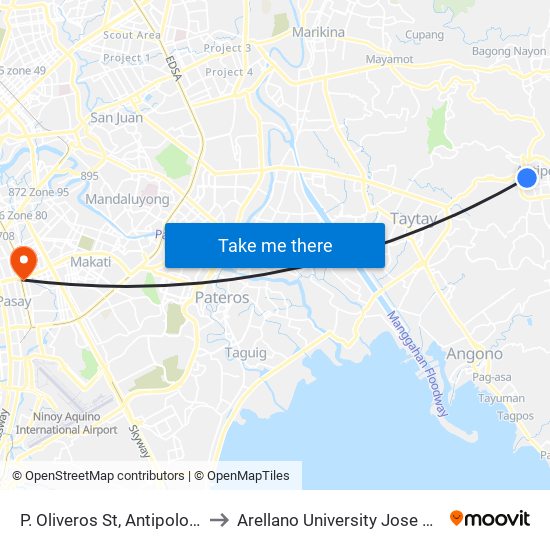 P. Oliveros St, Antipolo City, Manila to Arellano University Jose Abad Campus map