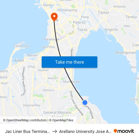 Jac Liner Bus Terminal, Binan City to Arellano University Jose Abad Campus map