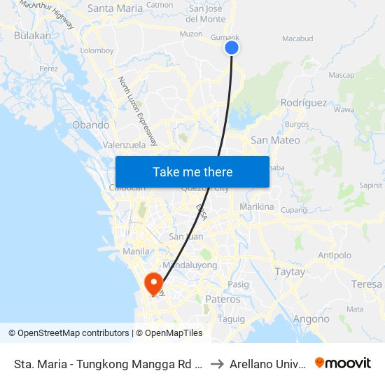 Sta. Maria - Tungkong Mangga Rd / Quirino Highway Intersection, City Of San Jose Del Monte to Arellano University Jose Abad Campus map