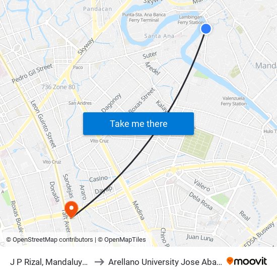 J P Rizal, Mandaluyong City to Arellano University Jose Abad Campus map
