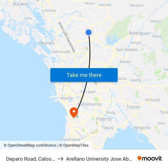 Deparo Road, Caloocan City to Arellano University Jose Abad Campus map