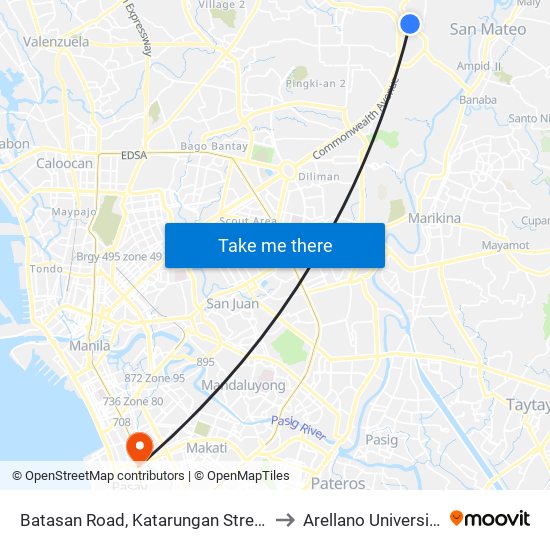 Batasan Road, Katarungan Street, Manila Gravel Pit Road, Quezon City to Arellano University Jose Abad Campus map