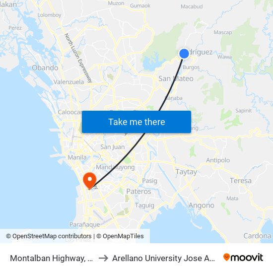 Montalban Highway, Rodriguez to Arellano University Jose Abad Campus map