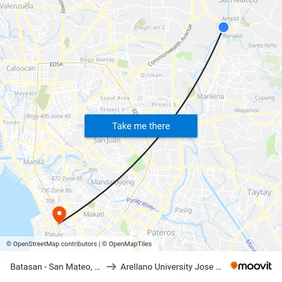 Batasan - San Mateo, Quezon City to Arellano University Jose Abad Campus map