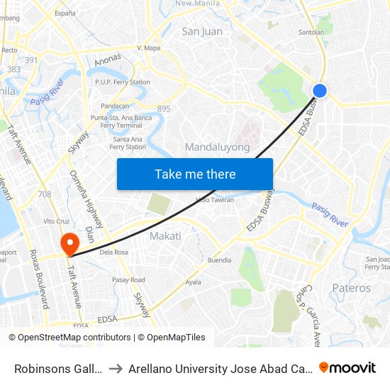 Robinsons Galleria to Arellano University Jose Abad Campus map