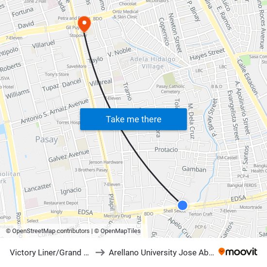 Victory Liner/Grand Prix Hotel to Arellano University Jose Abad Campus map