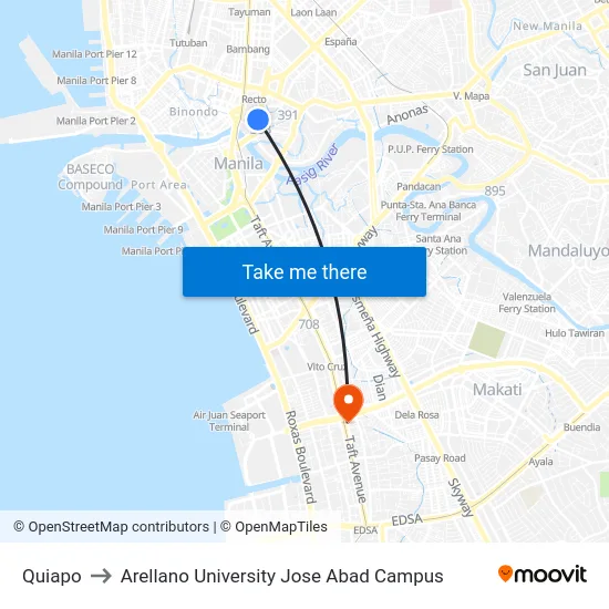Quiapo to Arellano University Jose Abad Campus map