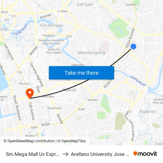 Sm Mega Mall Uv Express Terminal to Arellano University Jose Abad Campus map