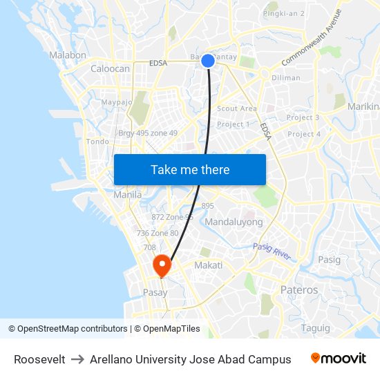 Roosevelt to Arellano University Jose Abad Campus map