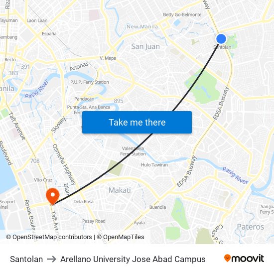 Santolan to Arellano University Jose Abad Campus map