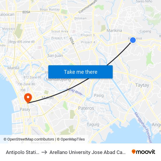 Antipolo Station to Arellano University Jose Abad Campus map