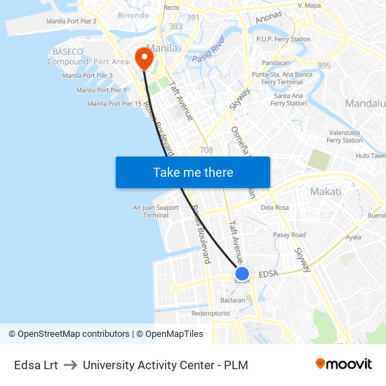Edsa Lrt to University Activity Center - PLM map