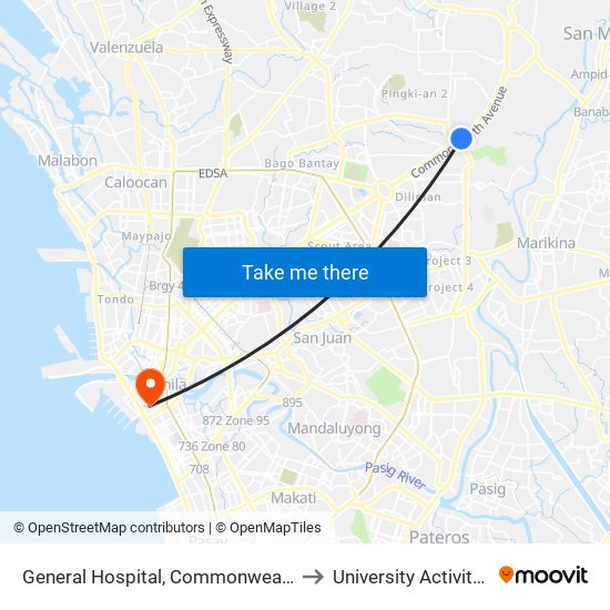 General Hospital, Commonwealth Avenue, Quezon City to University Activity Center - PLM map